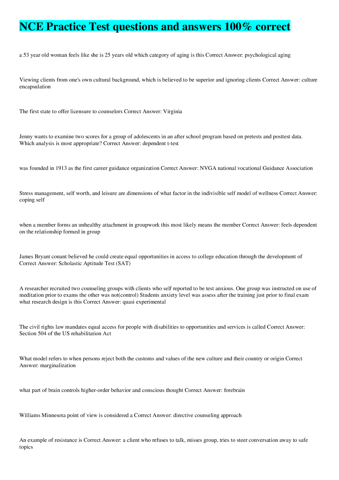 Preview image of NCE Practice Test questions and answers 100% correct document